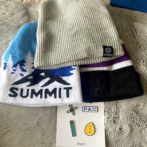 3 beanies and pens